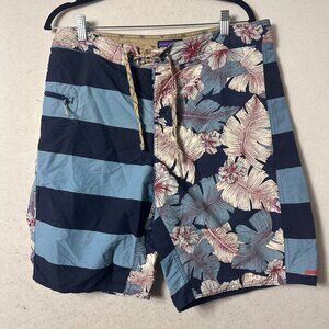 PATAGONIA Wavefarer Board Shorts Mens 34x9 Blue striped Floral Swim Hawaiian